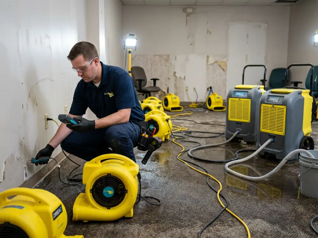 A restoration technician using a digital pin moisture probe on a flooded drywall layout surrounded by multiple yellow air movers and Dri-Eaz dehumidifiers in Lisle, IL.