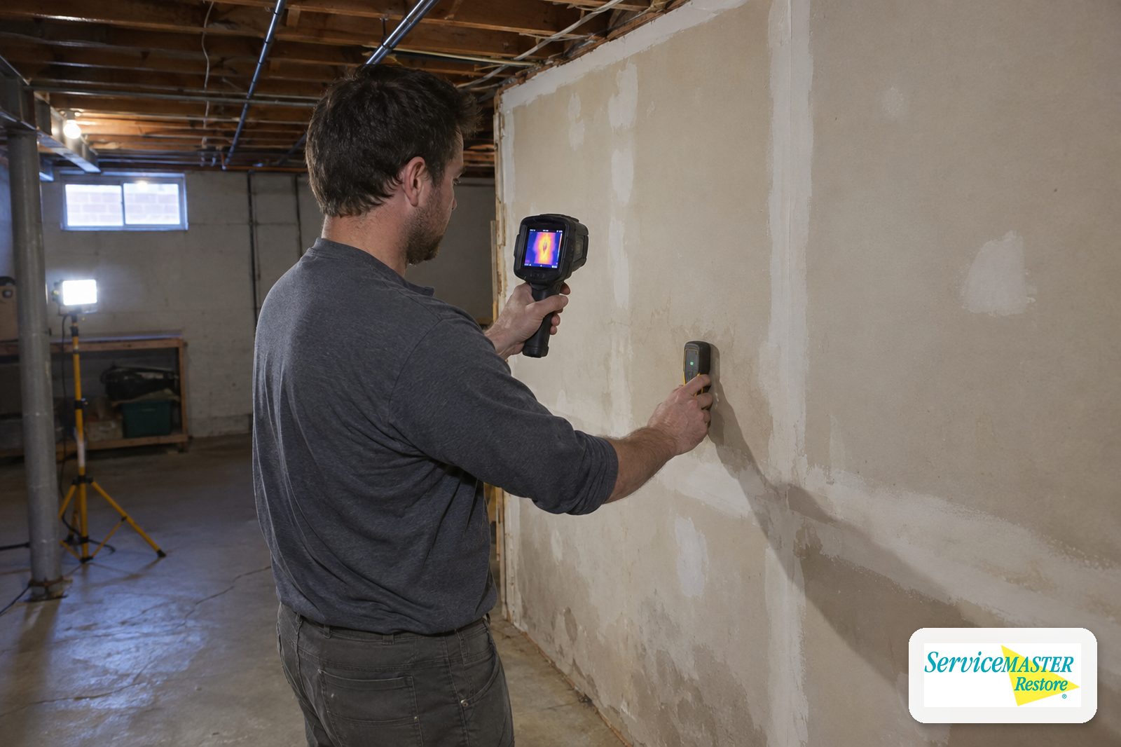 Technician scanning a basement wall with a thermal camera and confirming with a moisture meter