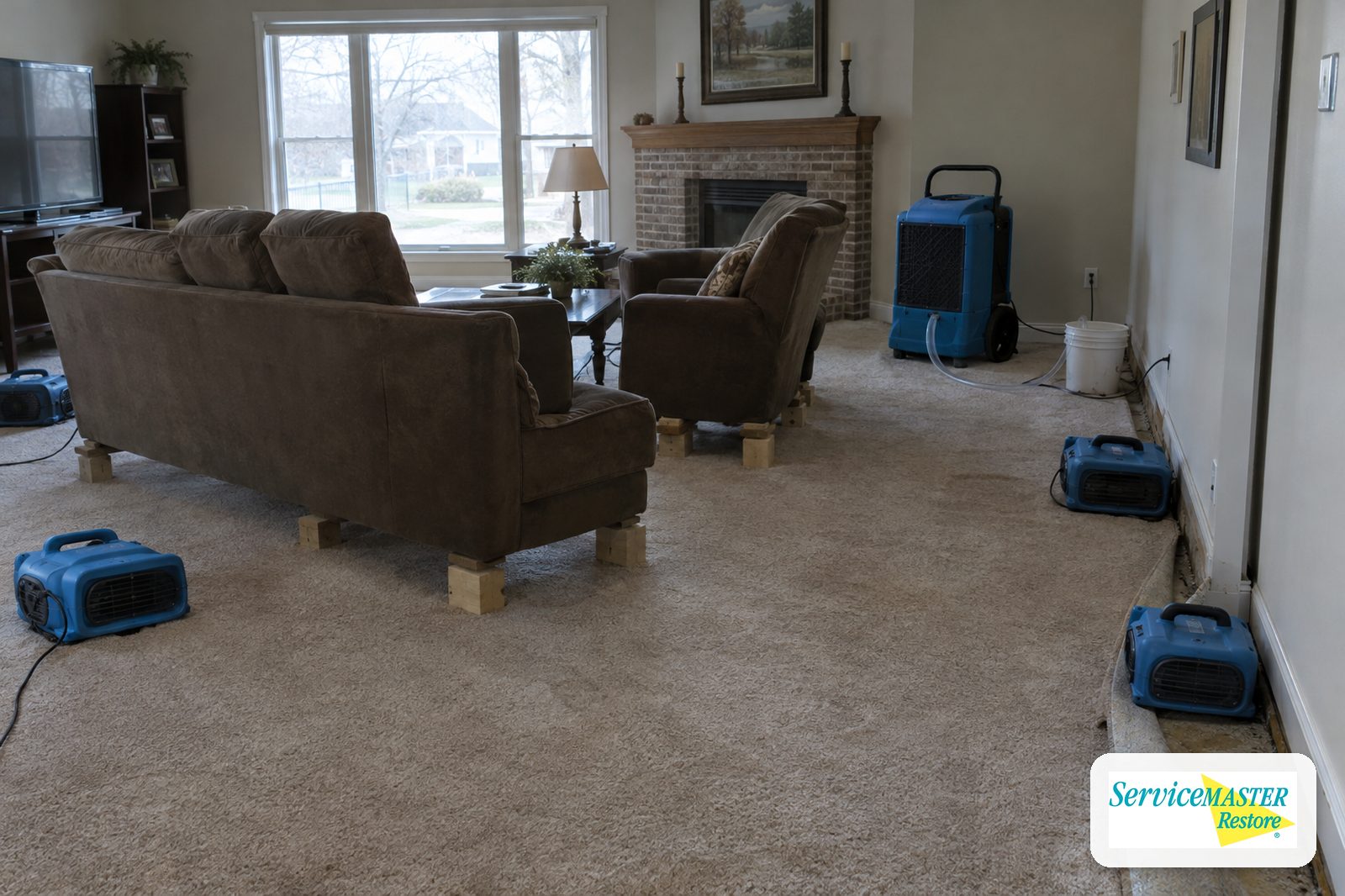 Air movers aimed at wall bases and lifted carpet with a dehumidifier running in a living room