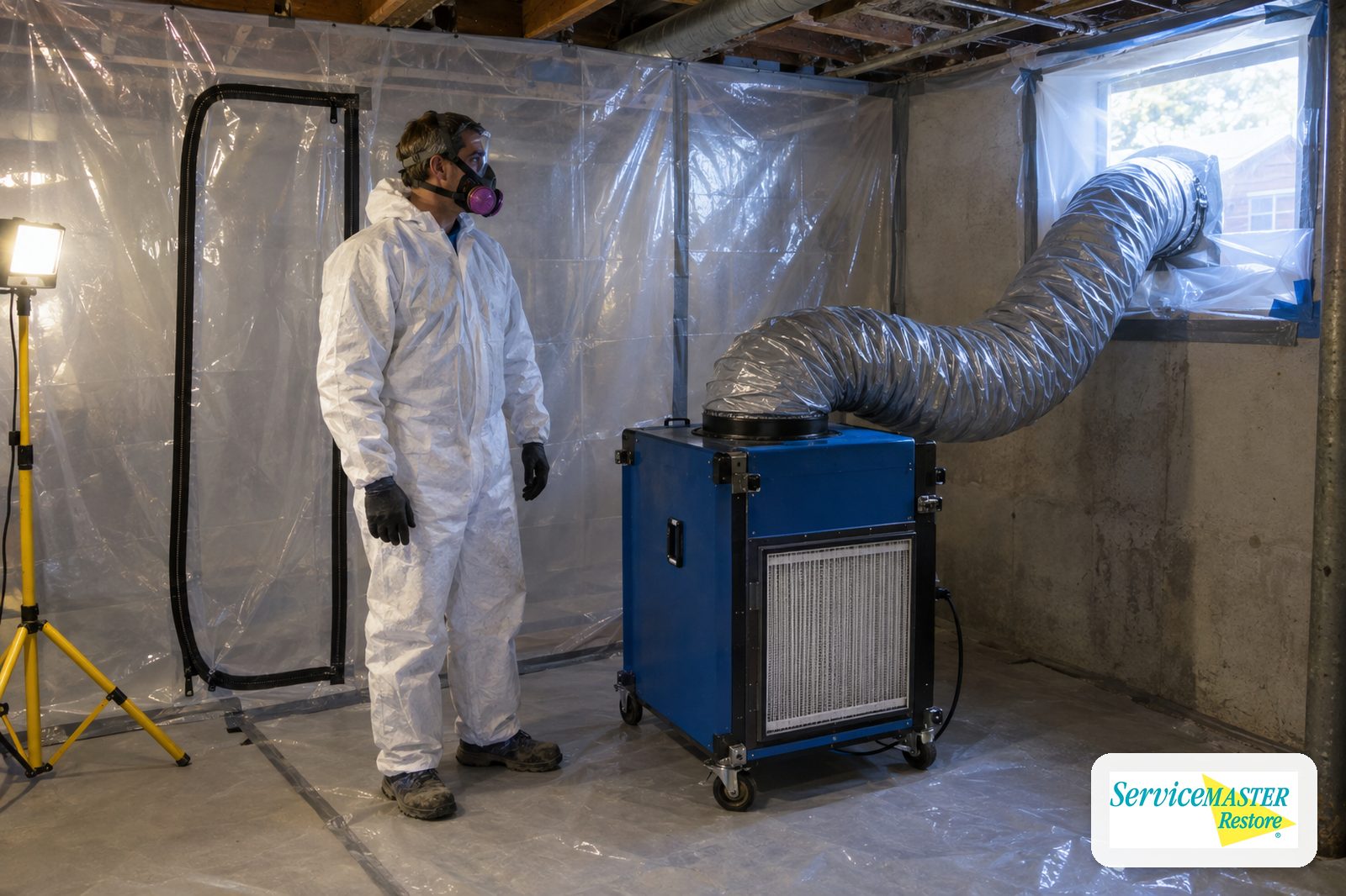 HEPA air scrubber ducted outdoors from a basement room sealed in plastic containment