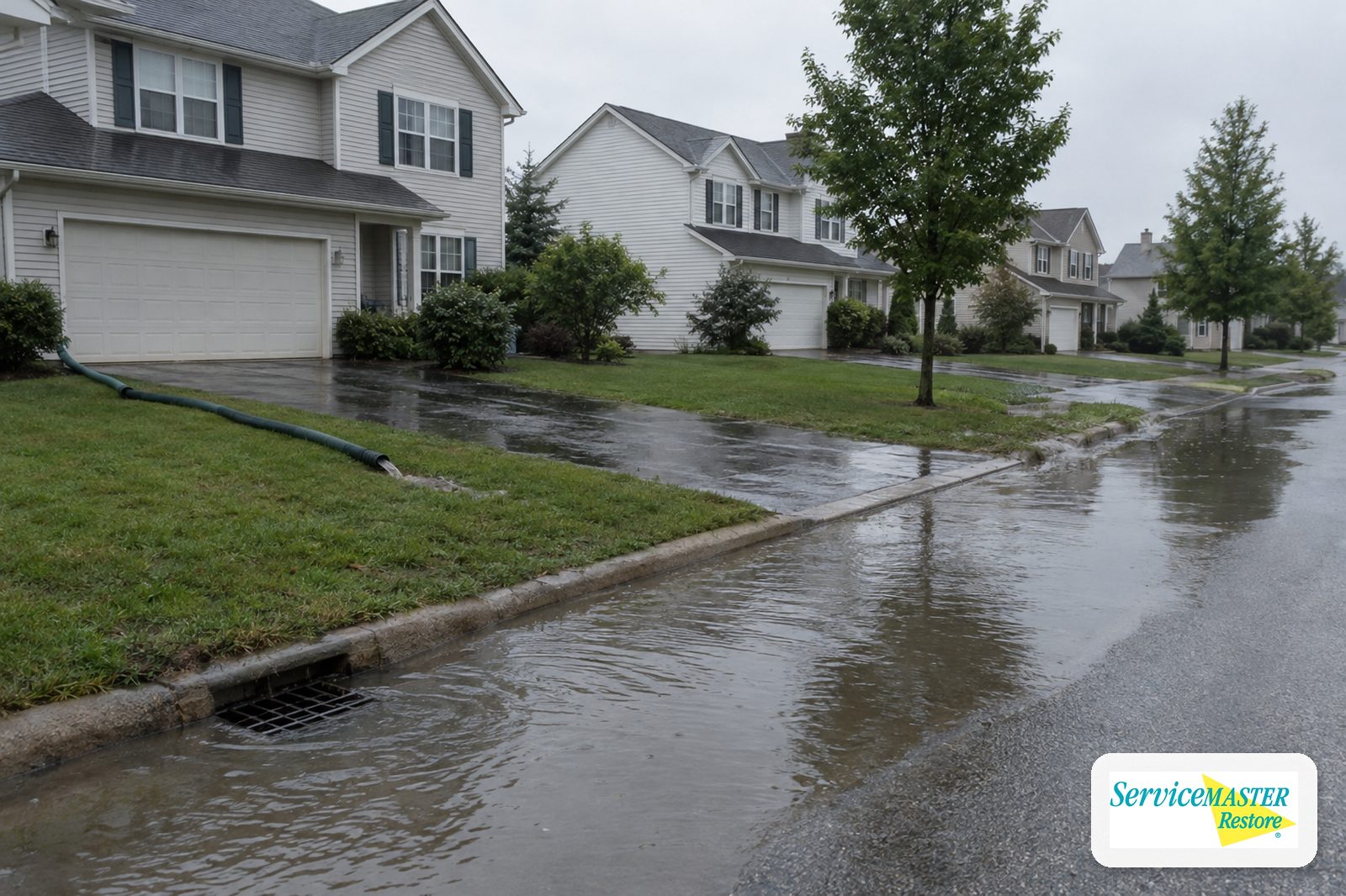 Subdivision street after heavy rain with water pooled over a curb storm drain