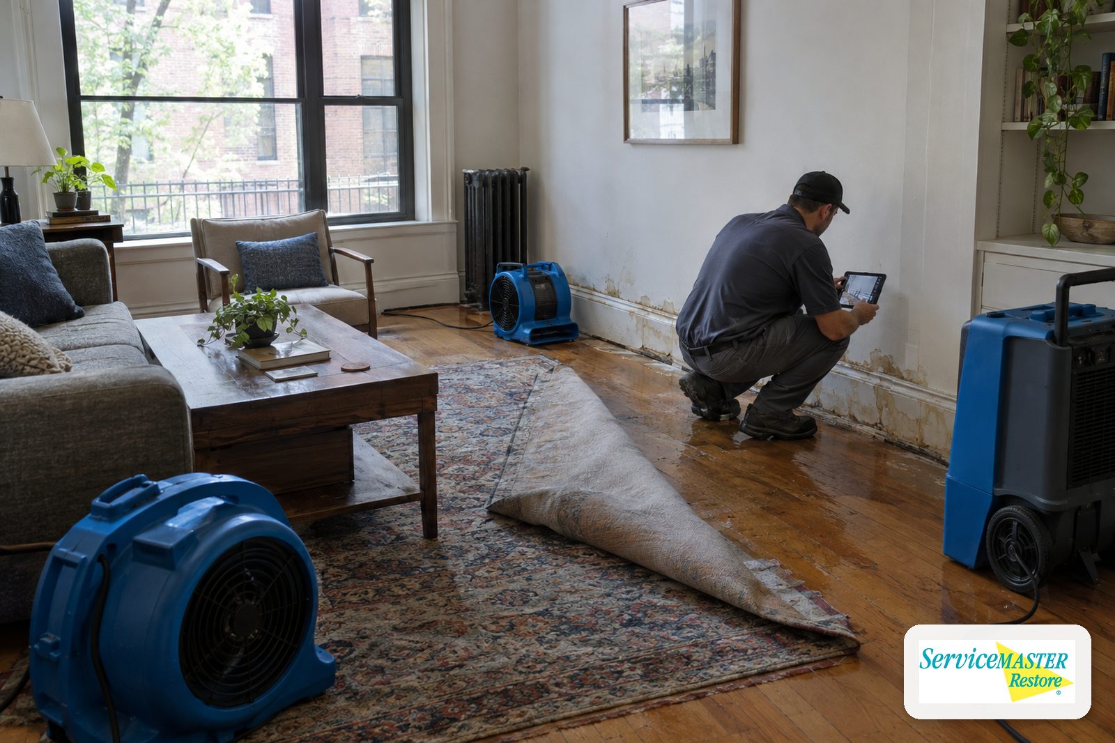 Technician photographing a water-stained baseboard in an apartment with drying equipment running