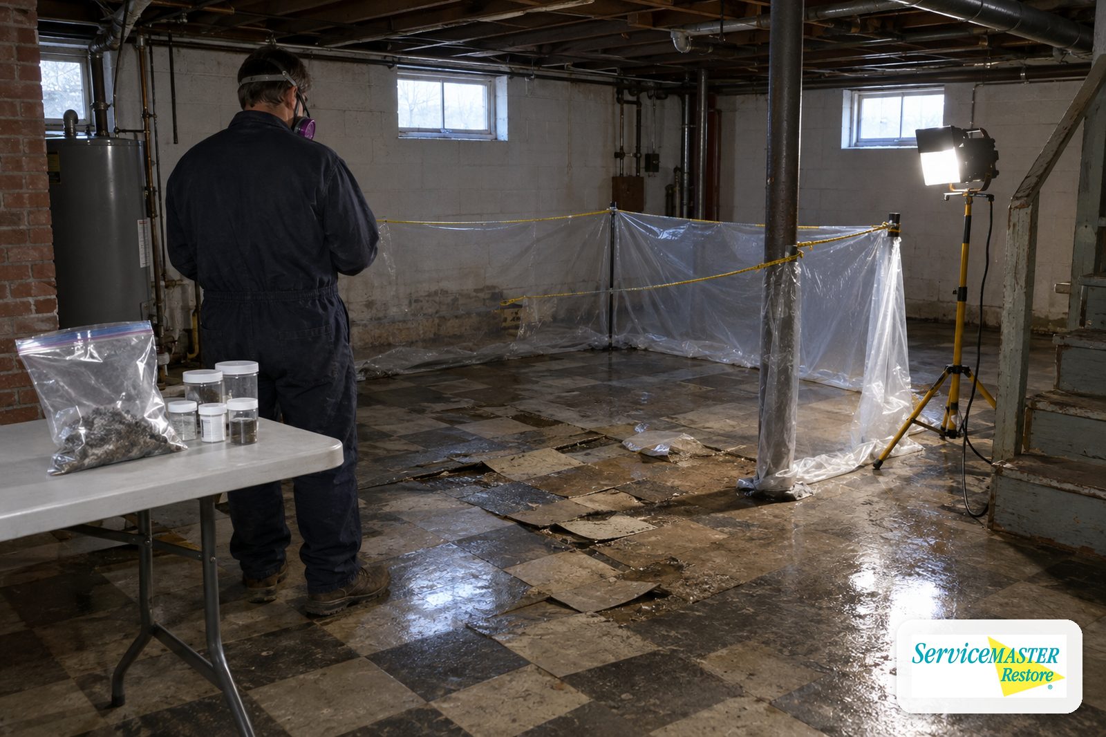 Water-lifted old floor tiles in a basement sectioned off with plastic, with sample bags on a table
