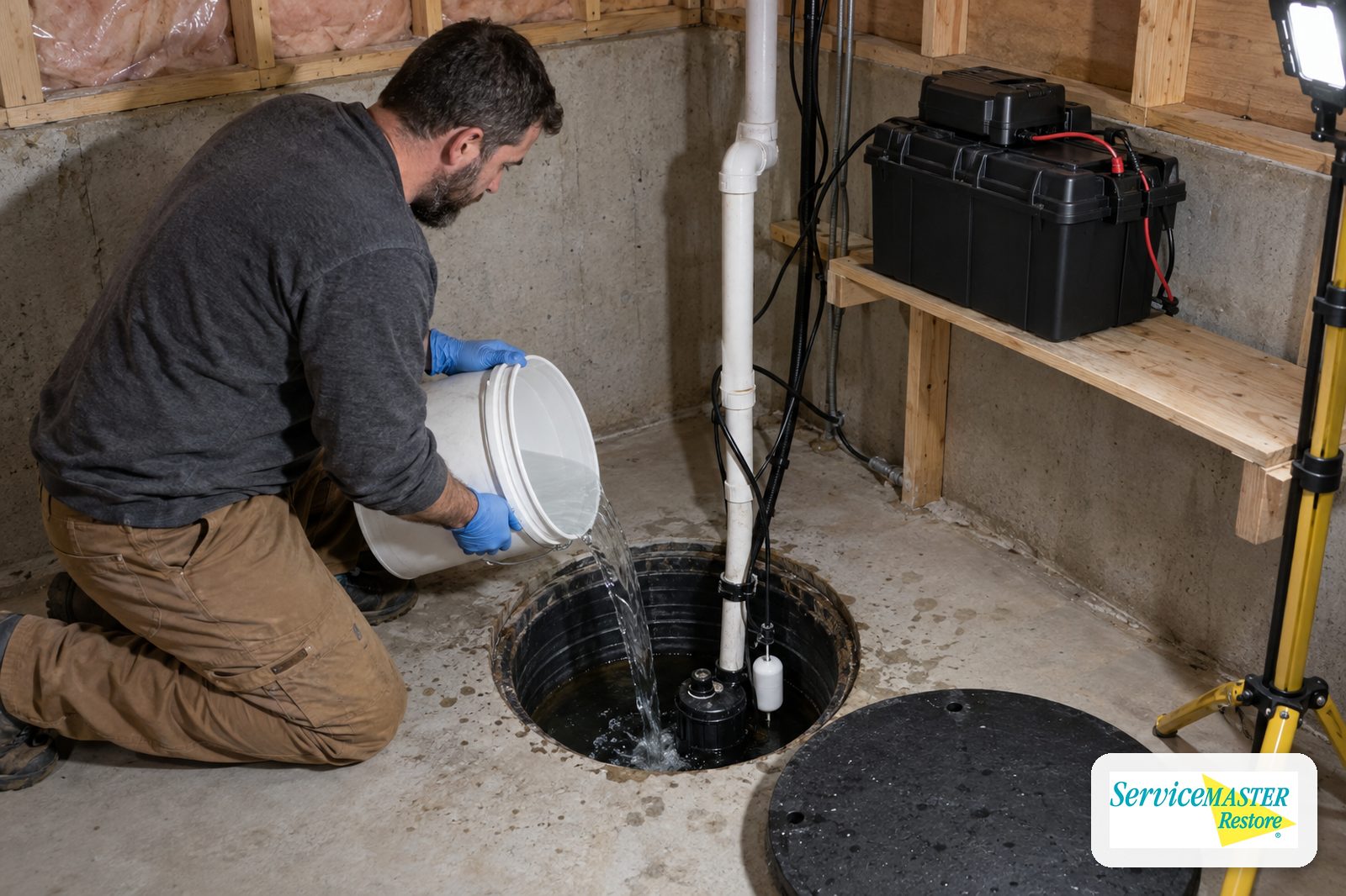 Technician pouring water into a basement sump pit to test the pump, with a battery backup unit nearby