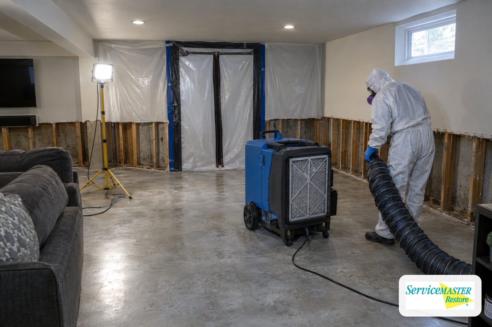 Basement under plastic containment with lower drywall removed, bare studs and an air scrubber running