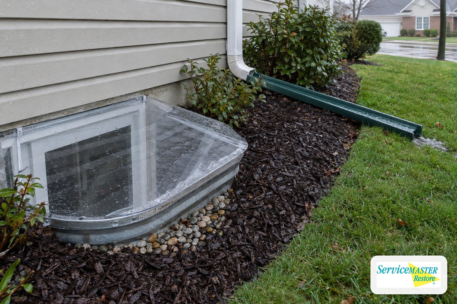 Basement window well with a clear cover beside a downspout extension directing water away from the foundation