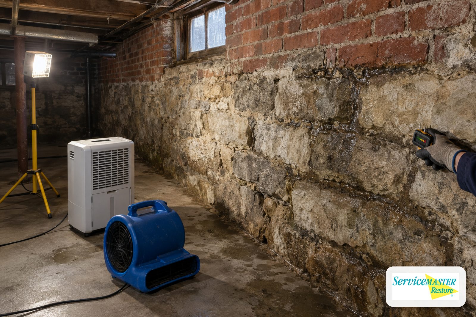 Damp brick and stone basement wall being checked with a moisture meter beside a dehumidifier