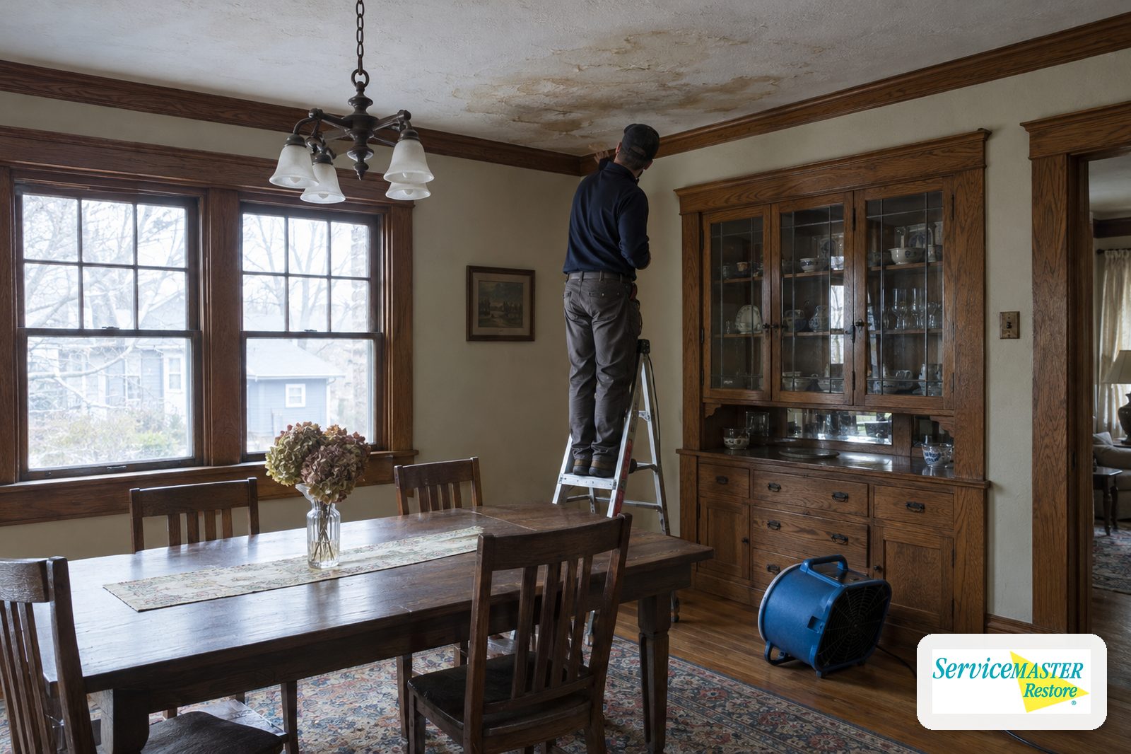 Technician on a ladder inspecting a water-stained plaster ceiling above original oak trim and a built-in cabinet