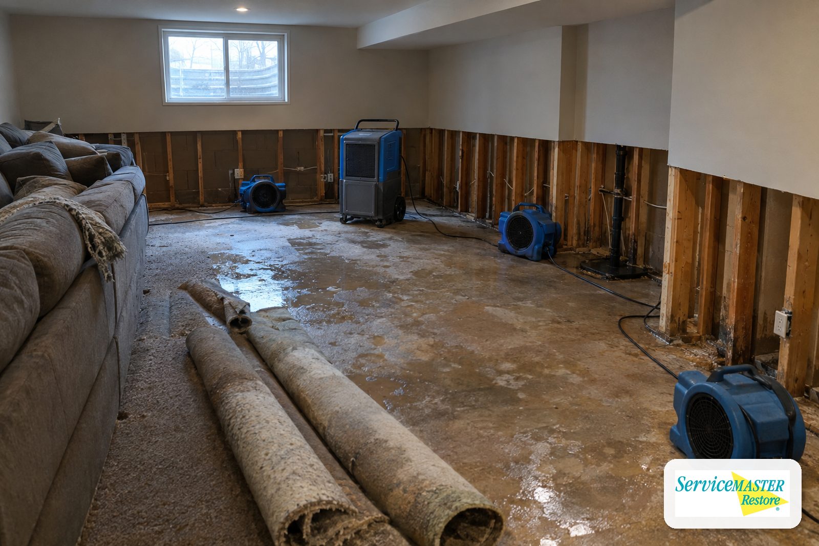 Finished basement with carpet removed in strips, lower drywall cut out and drying equipment running