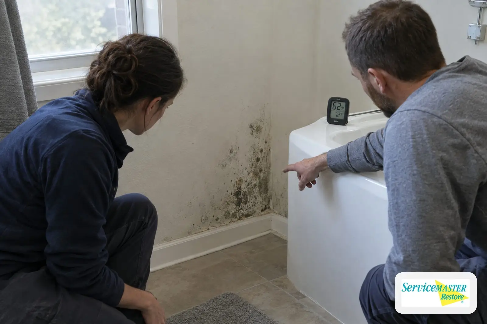 Mold growth near a bathroom baseboard with a hygrometer