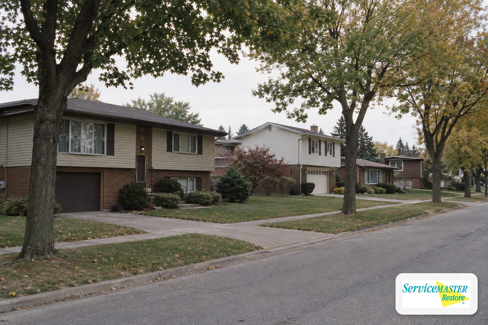 Row of 1970s split-level homes with brick lower levels and wood siding on a tree-lined suburban street