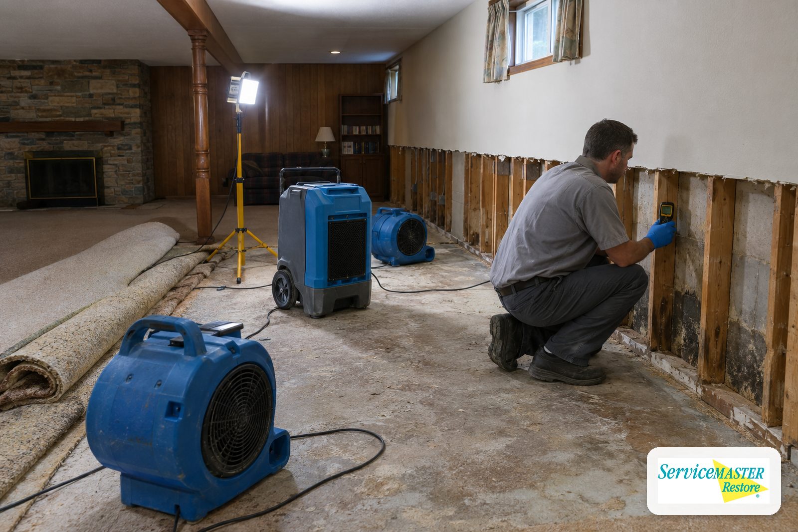 Technician checking a wall stud with a moisture meter in a basement family room with air movers and a dehumidifier running
