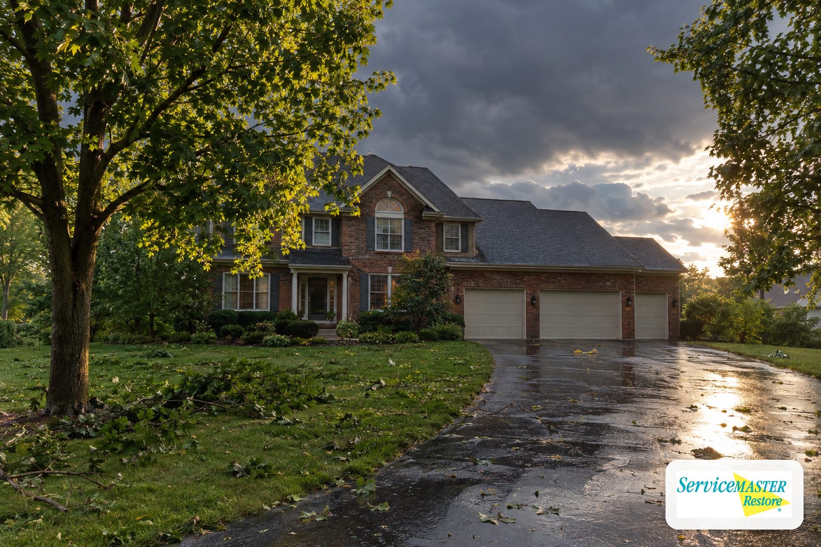 1990s two-story brick-front home with storm debris on the lawn after a thunderstorm