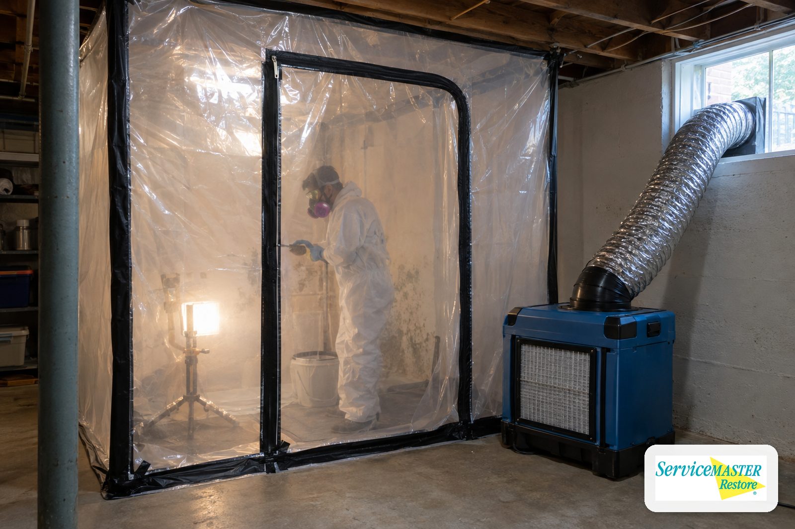 Plastic containment wall with a HEPA air scrubber and a technician in protective gear behind it