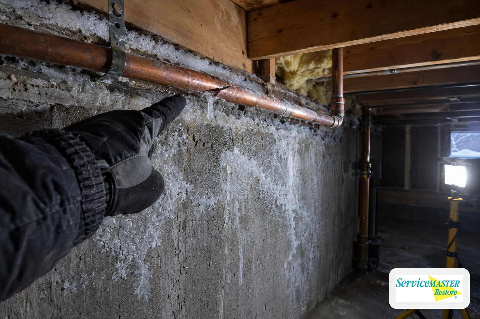 Split copper water pipe with ice along an uninsulated basement rim joist