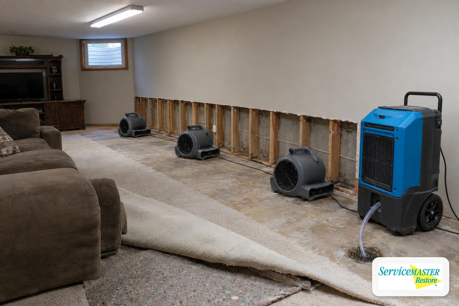 Air movers and an LGR dehumidifier drying exposed wall studs in a finished basement