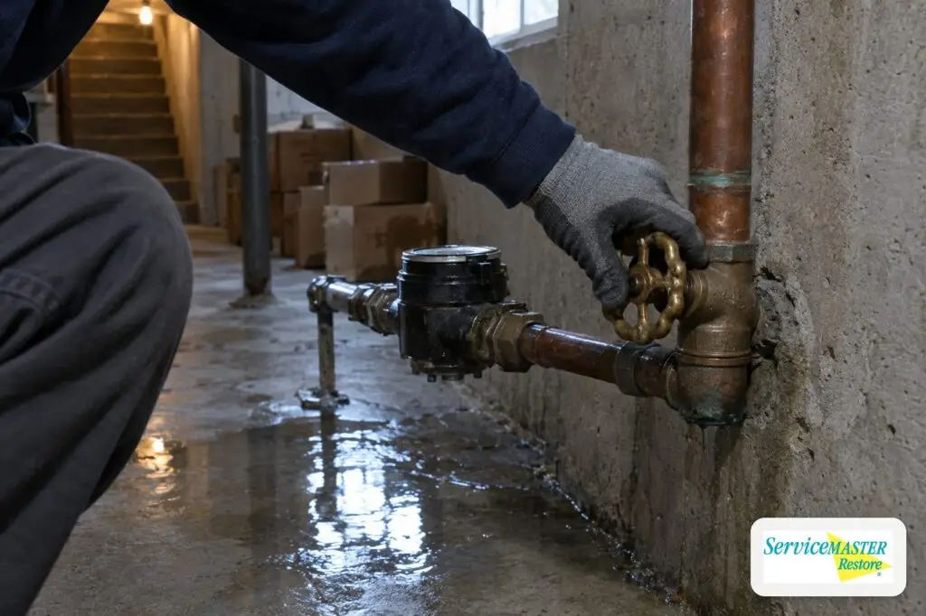 Hand closing the main water shutoff valve in a basement after a burst pipe