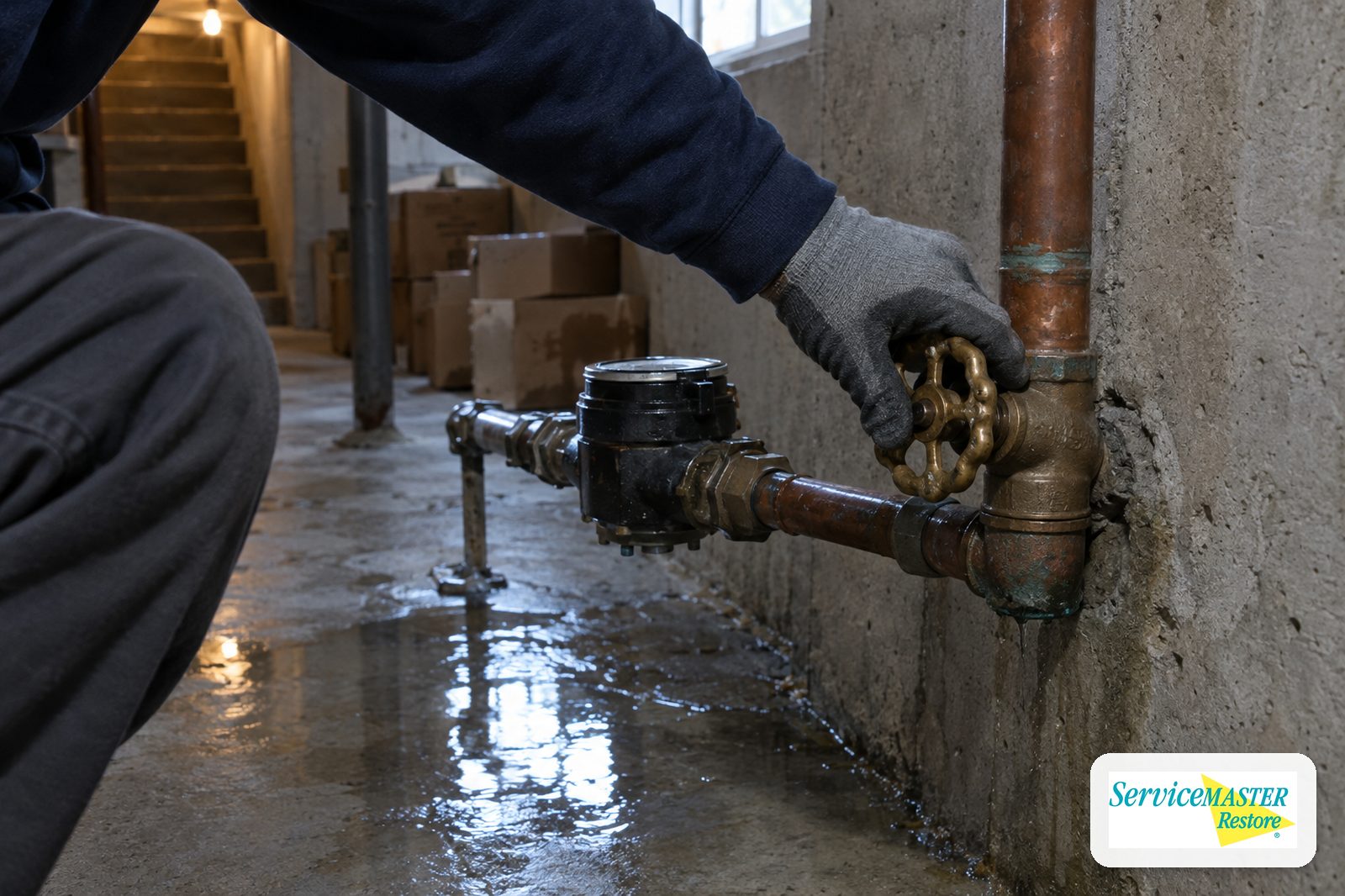 Hand closing the main water shutoff valve in a basement after a burst pipe