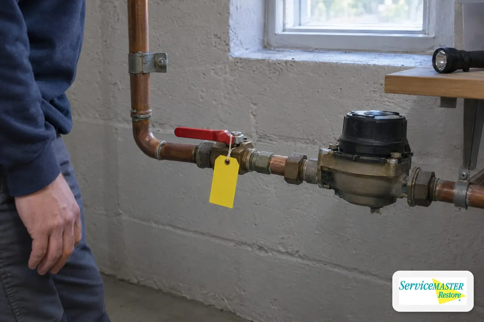 Main water shutoff valve tagged for easy identification near the water meter