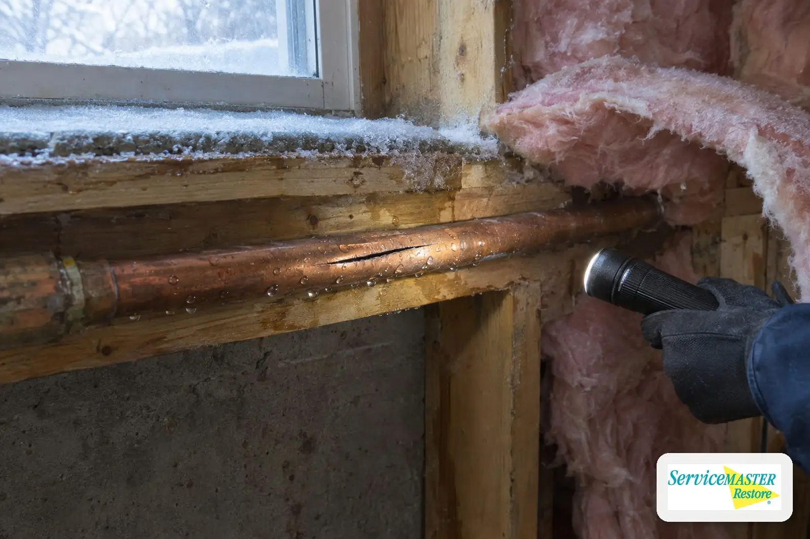 Split copper supply pipe along a cold exterior basement wall