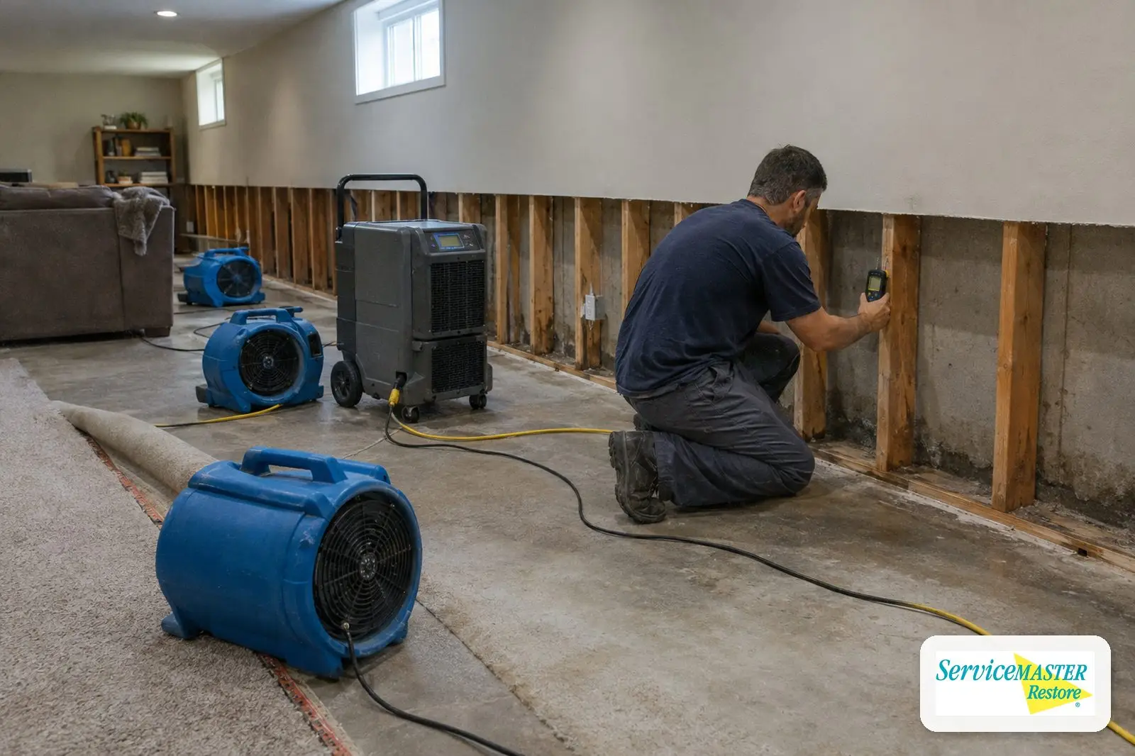 Air movers and a dehumidifier drying a finished basement after a burst pipe