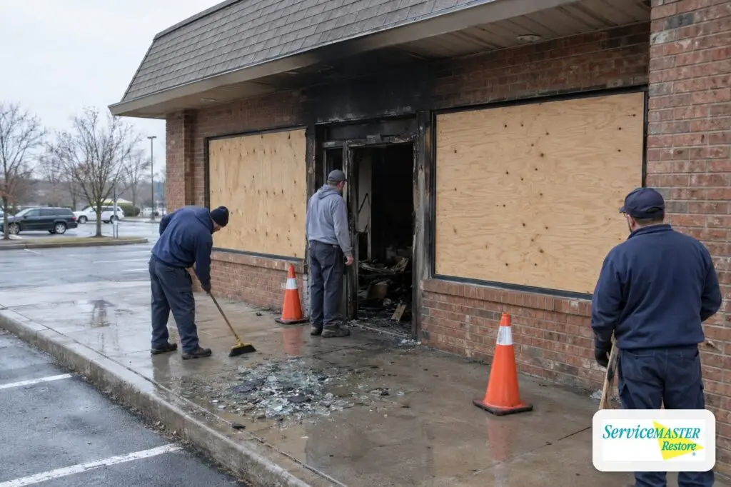 Fire-damaged suburban storefront with plywood over the front windows and smoke staining above the door