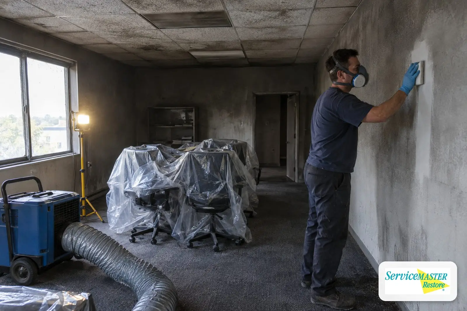Technician cleaning soot from an office wall with a dry sponge while an air scrubber runs