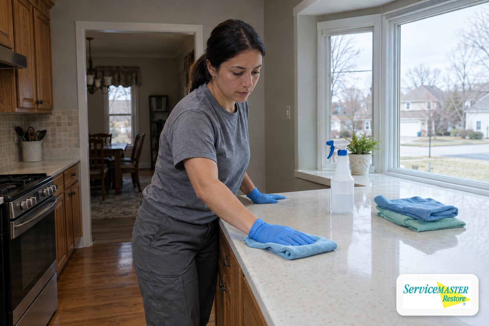 Technician in gloves wiping a kitchen counter with a microfiber cloth in a suburban home