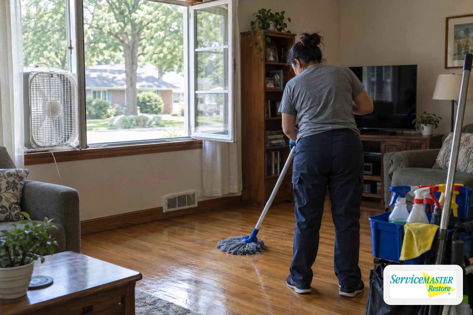 Open window and box fan ventilating a living room while a cleaner mops a hardwood floor