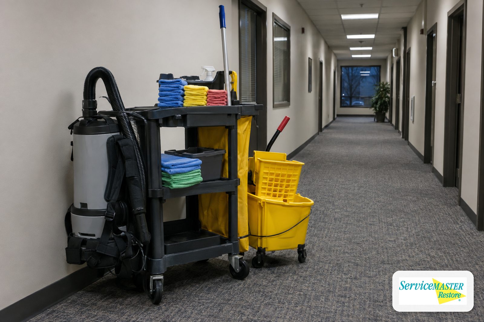 Cleaning cart with color-coded cloths, mop bucket and backpack vacuum in an office hallway
