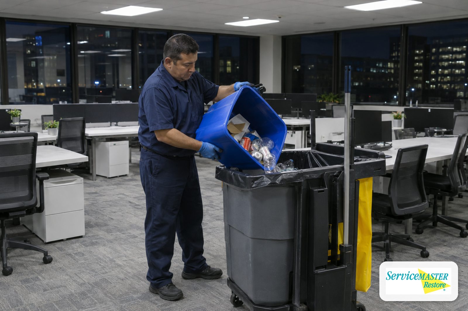 Janitorial worker emptying a recycling bin into a cart in an open-plan office at night