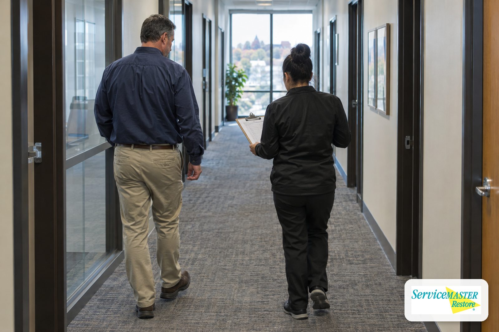 Facility manager and cleaning supervisor walking an office corridor with an inspection clipboard
