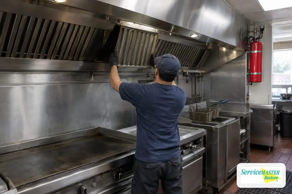 Technician inspecting a grease filter under a commercial kitchen exhaust hood in a suburban restaurant