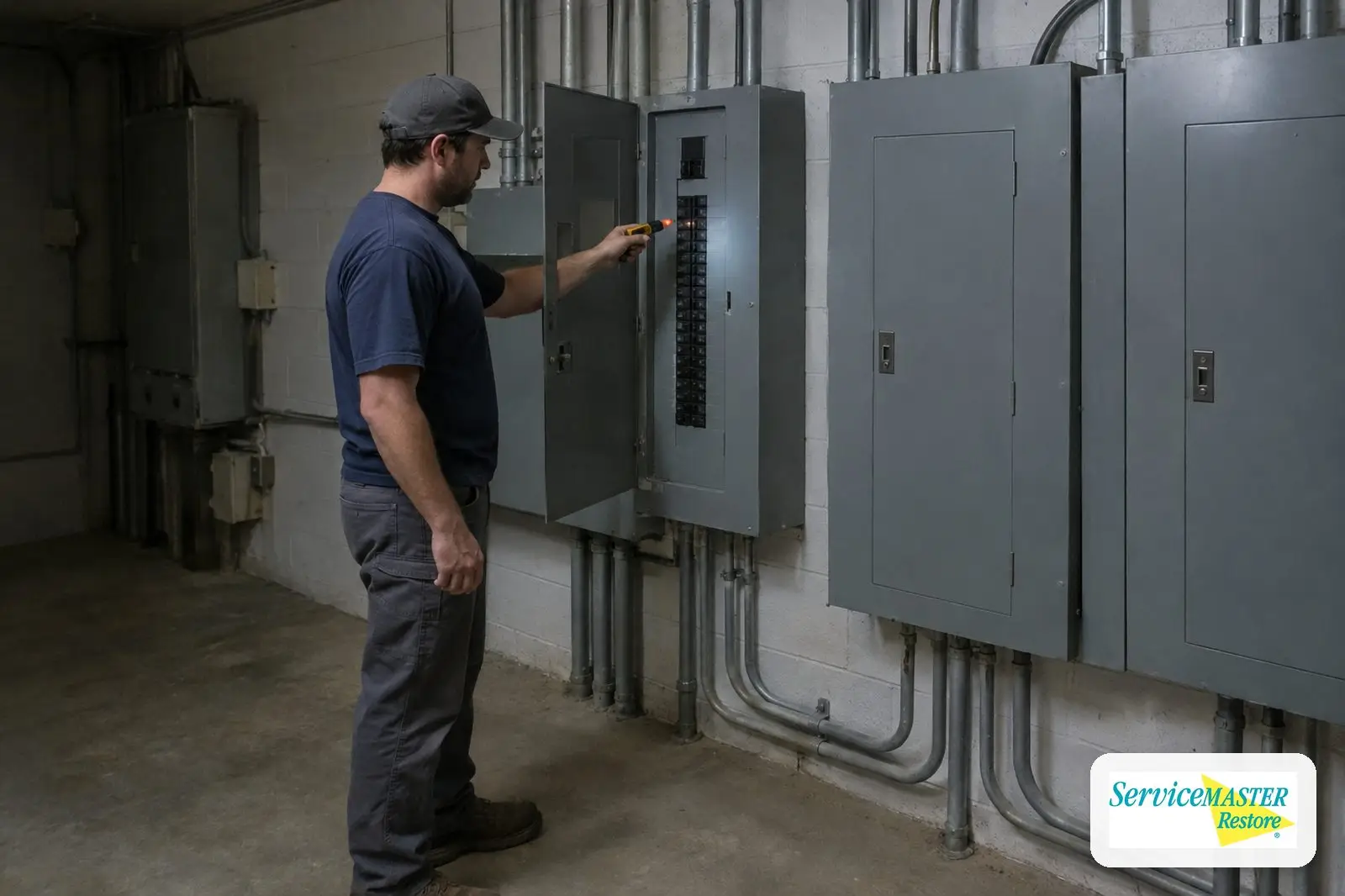 Electrician checking a commercial breaker panel in an office building electrical room
