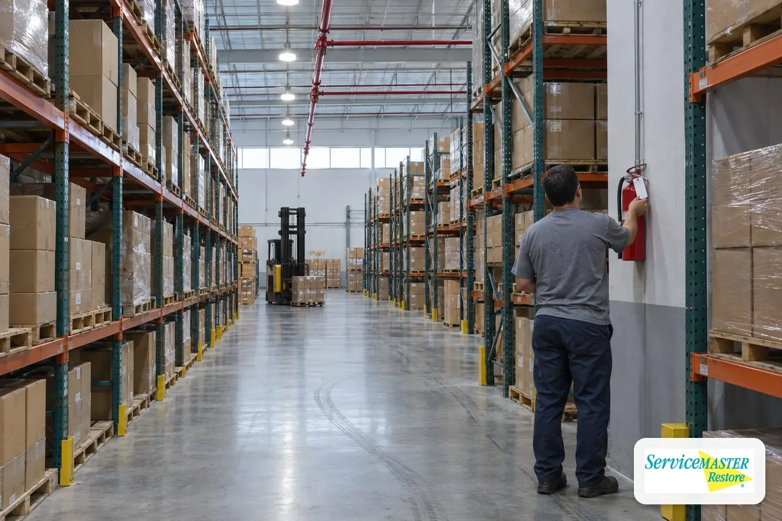 Worker checking a fire extinguisher inspection tag in a warehouse aisle below sprinkler pipes