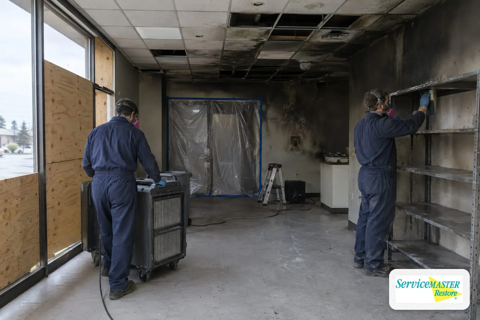 Restoration workers cleaning soot inside a fire-damaged retail suite with a boarded storefront