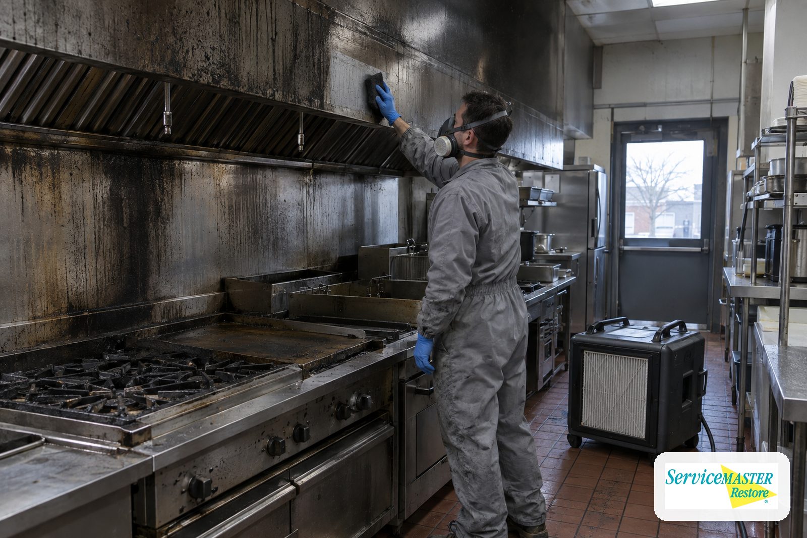 Technician in a respirator testing soot removal on a restaurant exhaust hood next to a HEPA air scrubber