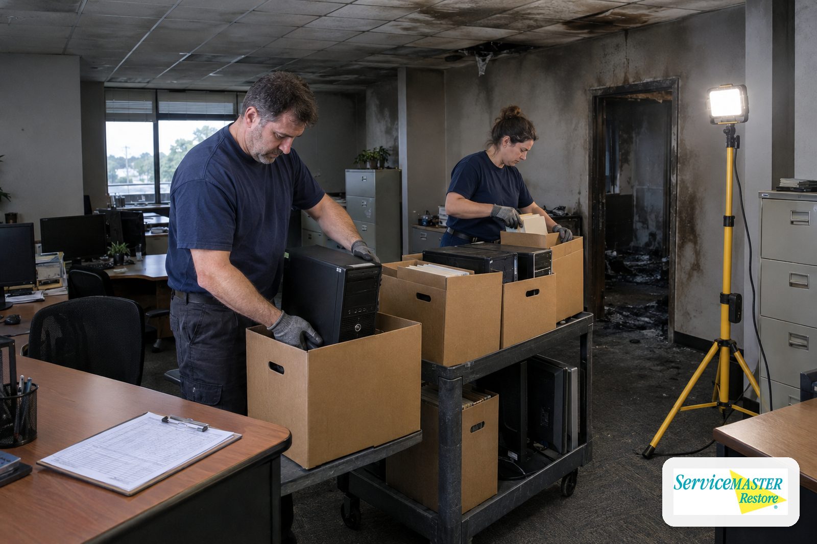 Two workers packing office computers and file boxes into cartons beneath smoke-stained ceiling tiles