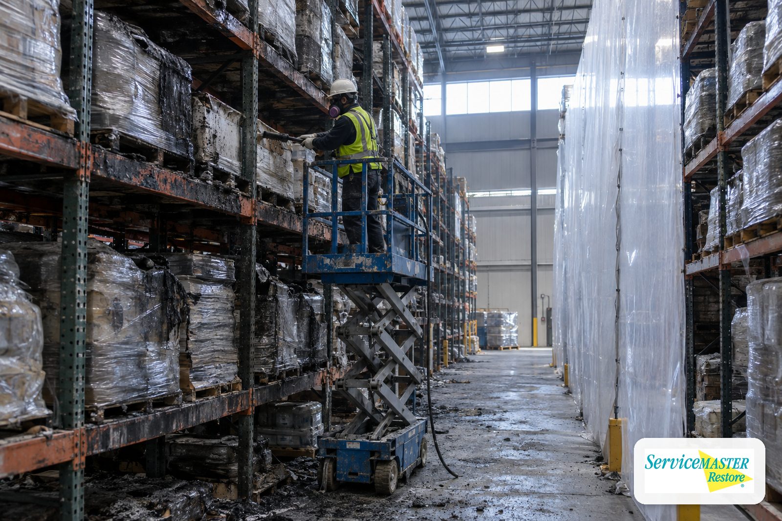 Worker on a scissor lift cleaning soot from warehouse pallet racks with plastic containment dividing an aisle
