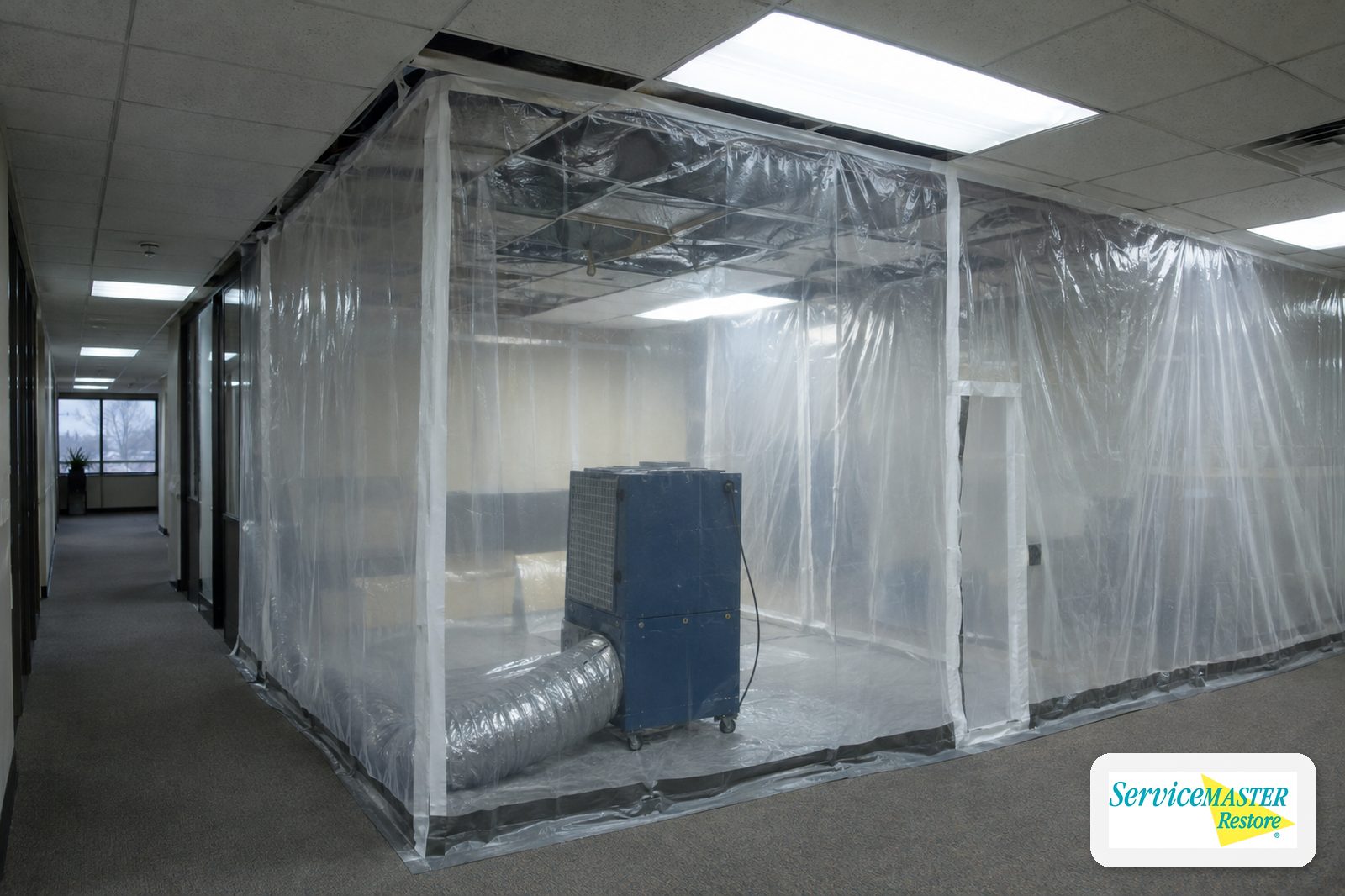 Polyethylene containment from floor to ceiling deck around an office corridor with ceiling tiles removed