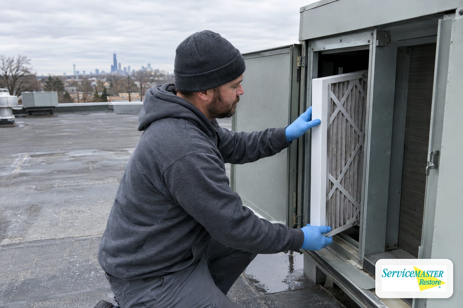 Technician installing a pleated filter in a rooftop air handler
