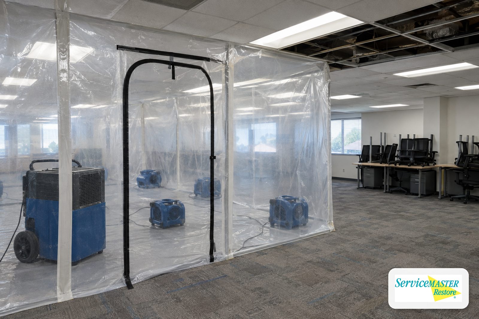 Office floor with a poly containment zone, commercial dehumidifier and air movers, desks stacked aside
