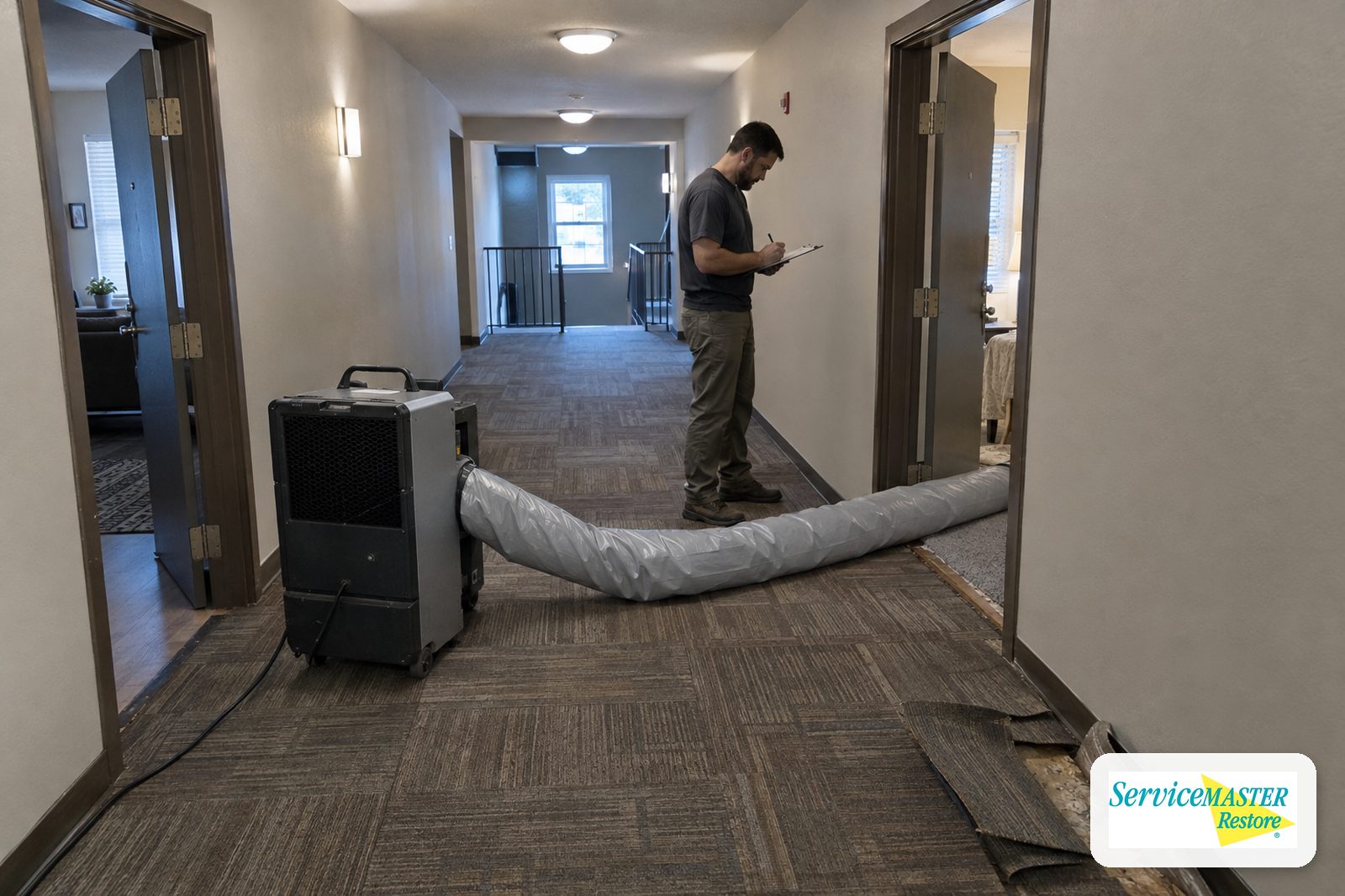Apartment building hallway with drying ducts running into a unit and a technician writing readings on a clipboard