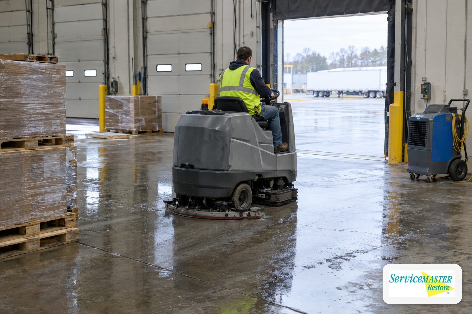 Warehouse dock area with a floor scrubber clearing water and pallets moved to a dry area