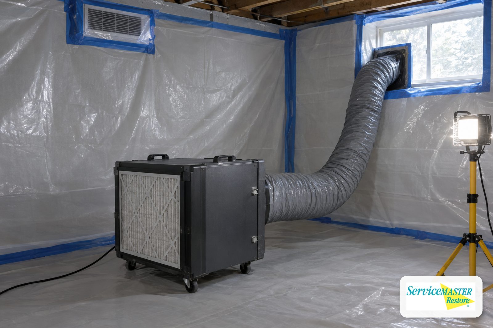HEPA air scrubber in a basement containment with exhaust duct routed toward a window and a sealed vent above