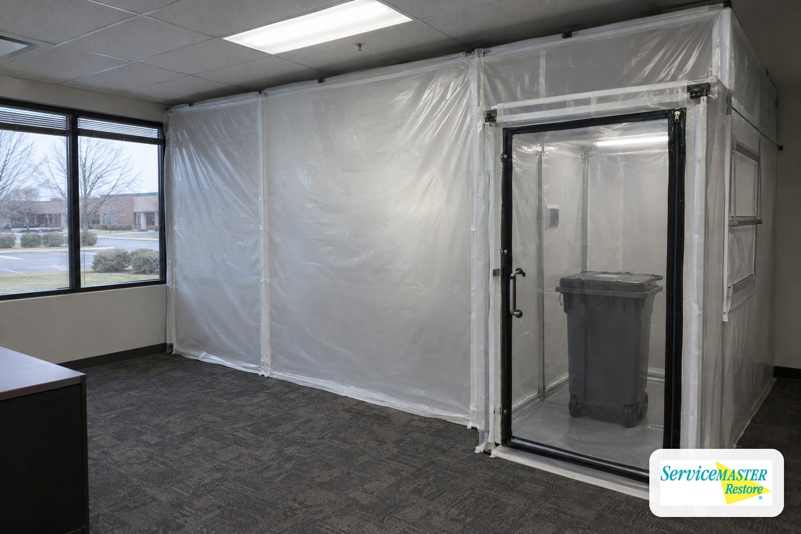 Office suite with a plastic containment and small airlock chamber holding a closed waste container