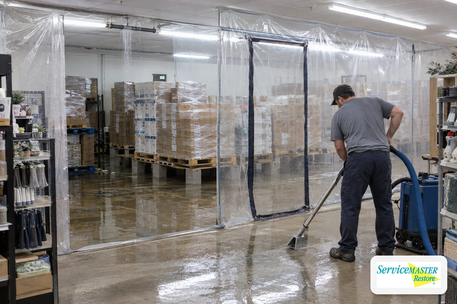 Poly containment separating a wet retail stockroom from the sales floor during water extraction