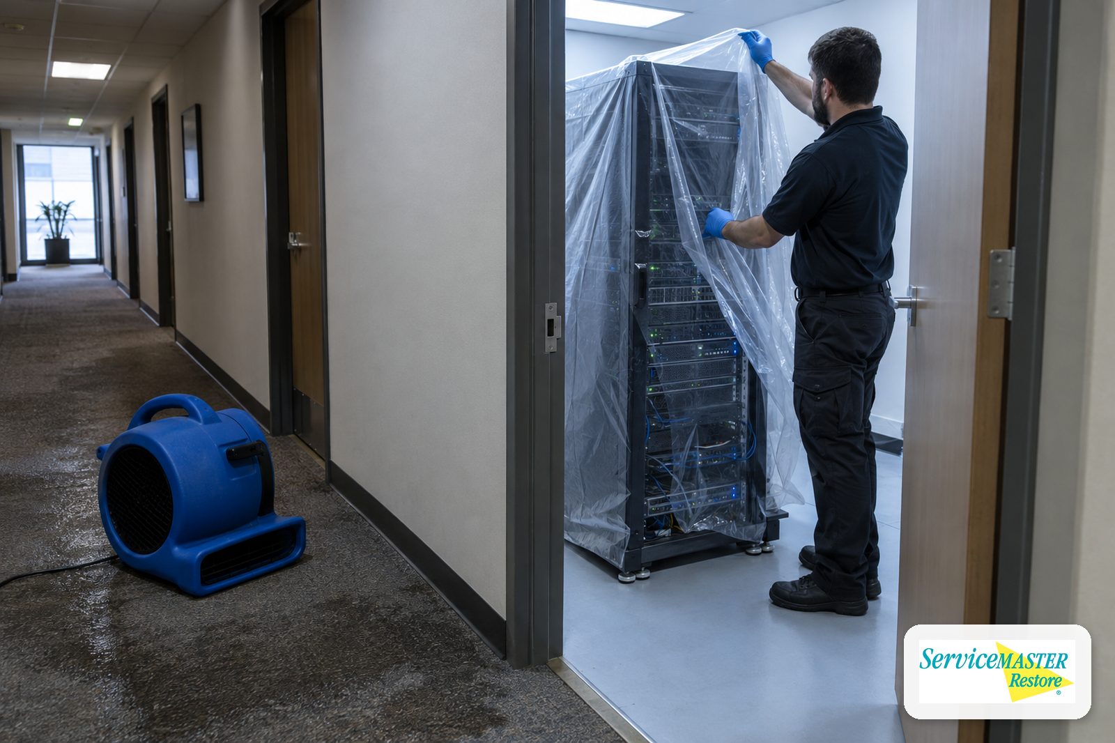 Technician covering a server rack with plastic sheeting near a damp office hallway