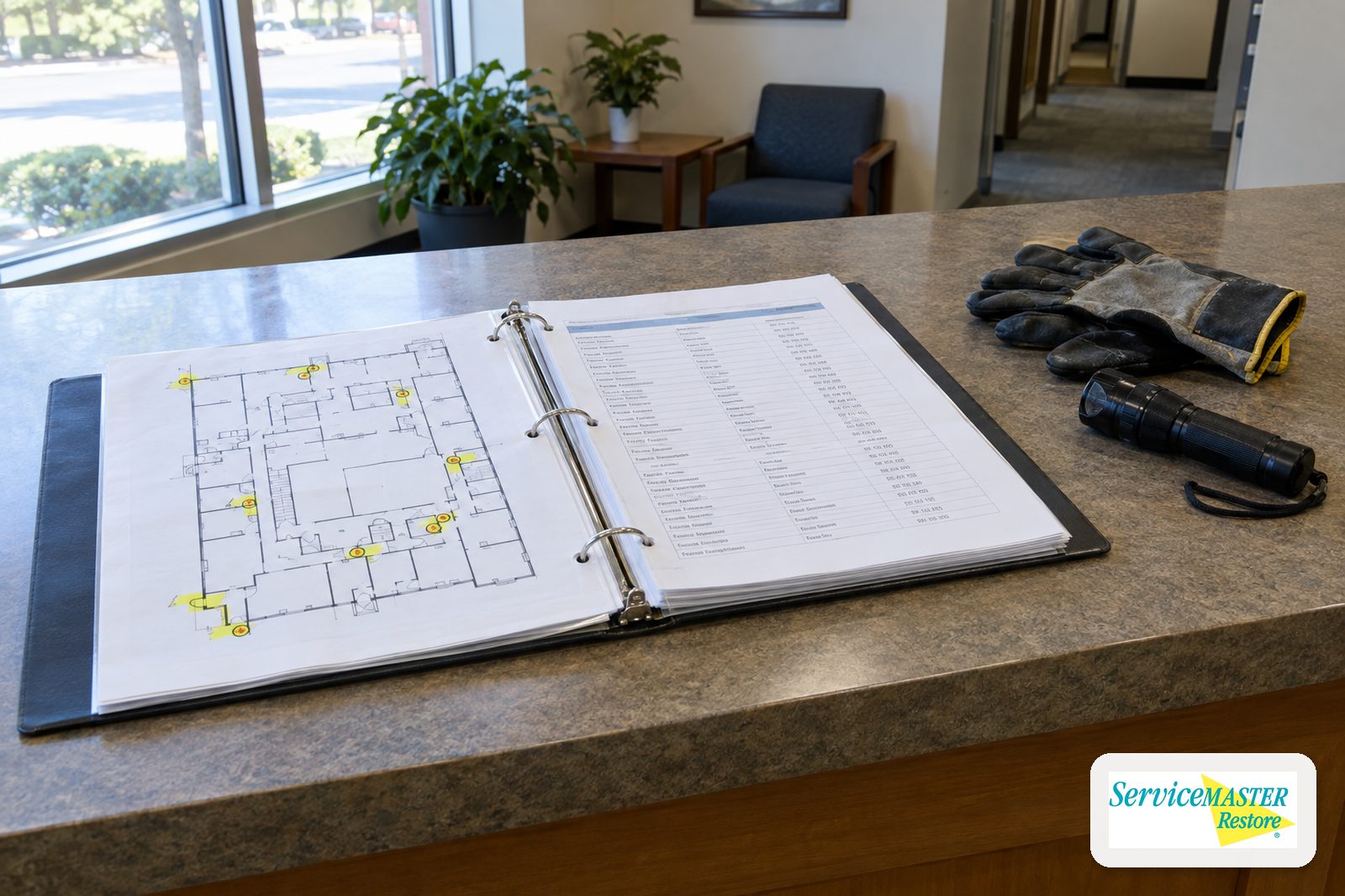 Facilities binder with a floor plan marking shut-off valves, a contact list, gloves and a flashlight