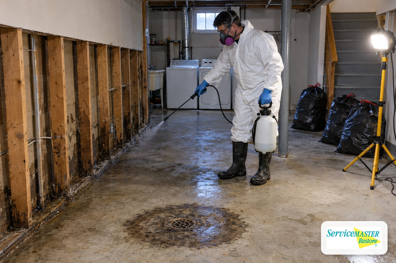 Technician in protective coverall and respirator disinfecting a basement laundry area near a floor drain
